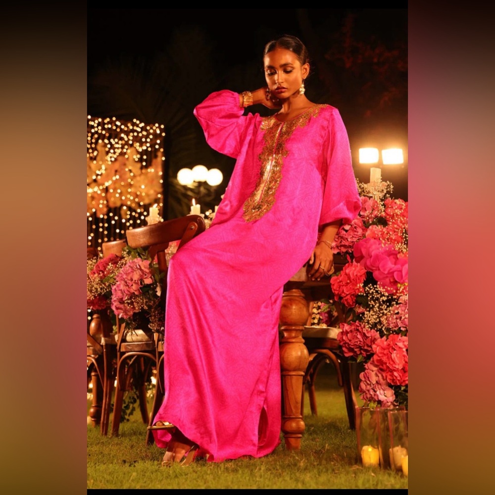 Pakistani designer formal pink tree raw silk maxi dress